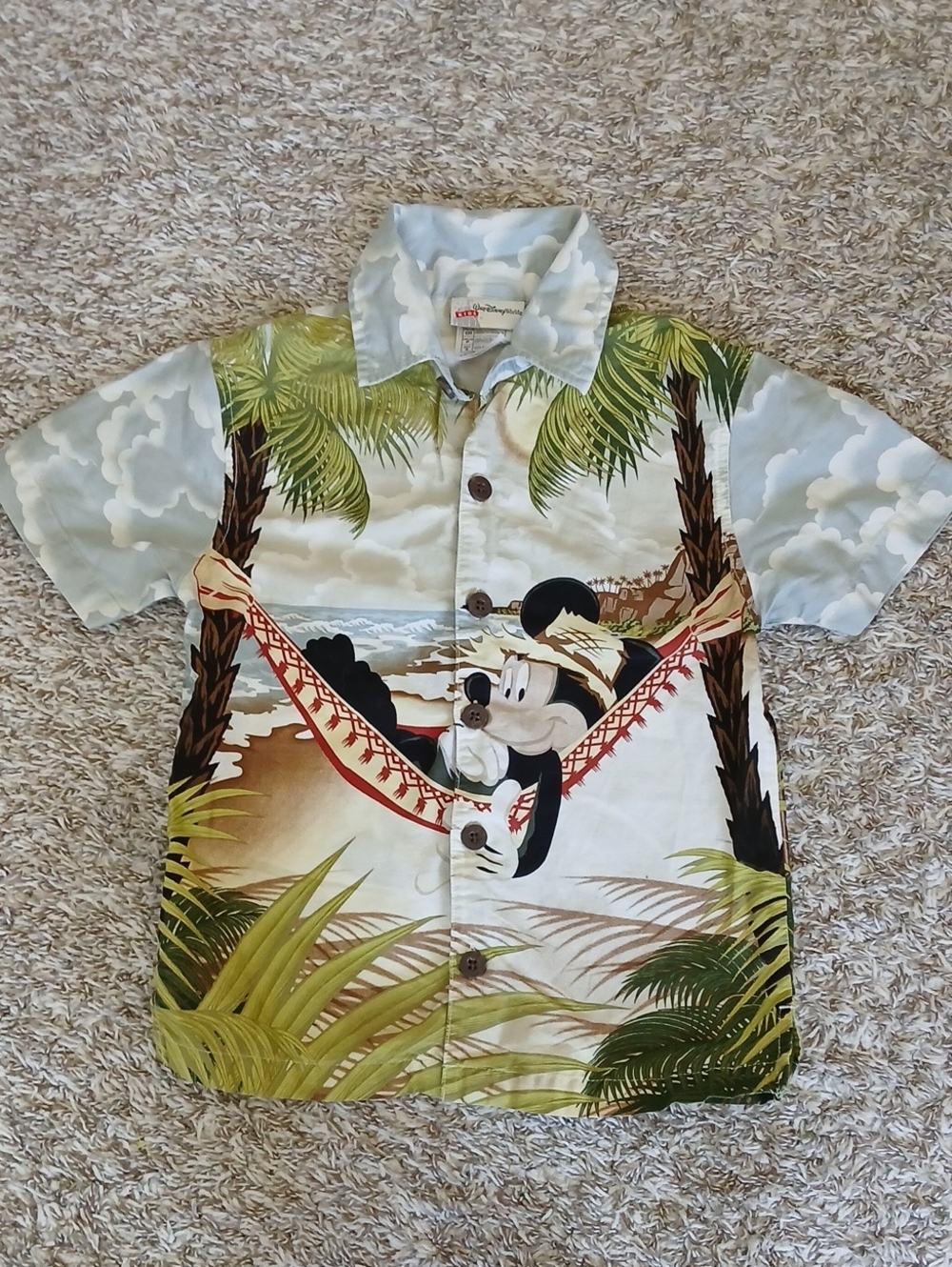 Vintage Disney Parks Boys Light Blue and Green Mickey Tropical Button-Up Shirt S